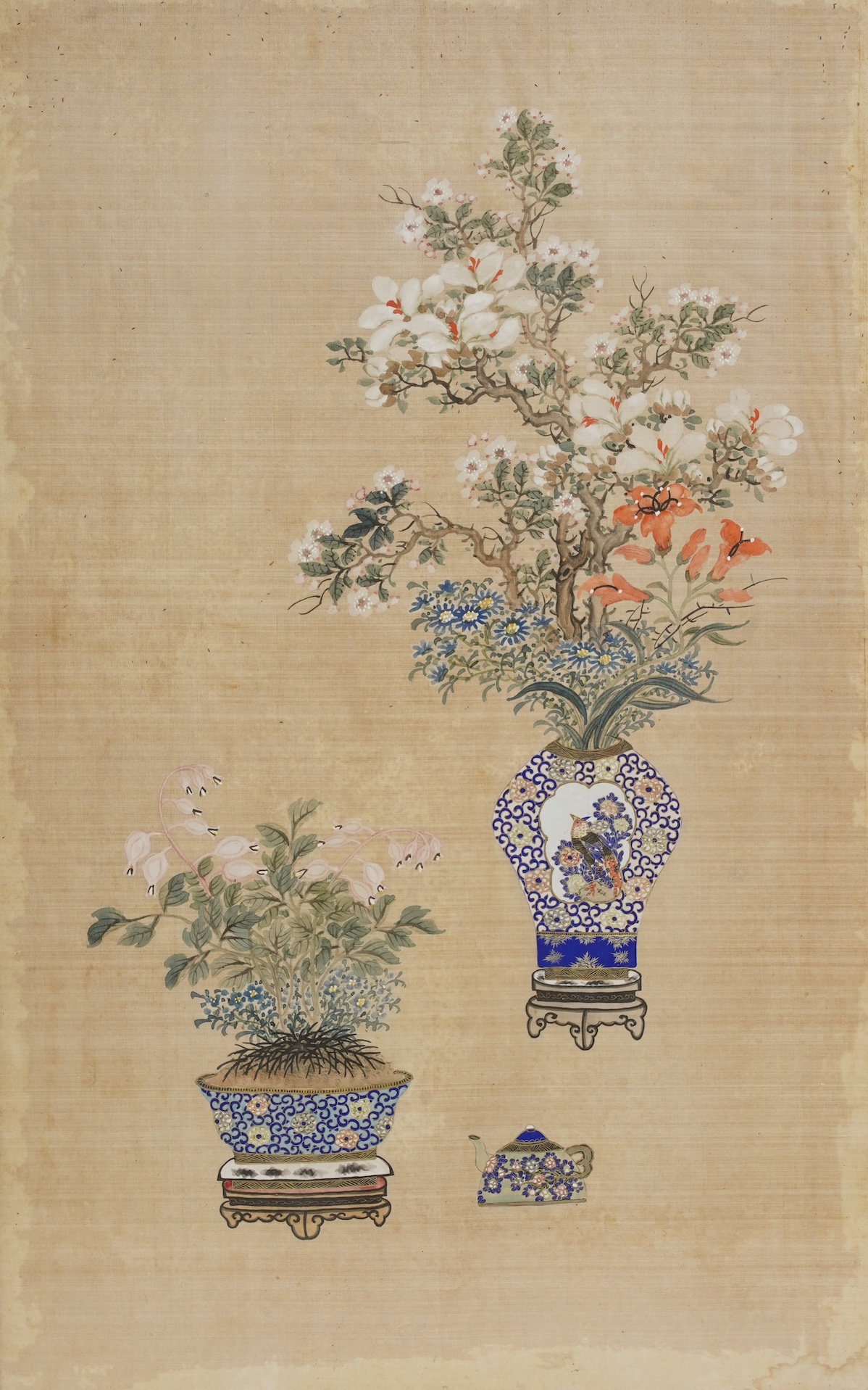 Chinese School , (Early 20th century), Antique vessels and flowers, Ink and colour on silk, 57cm x 36cm